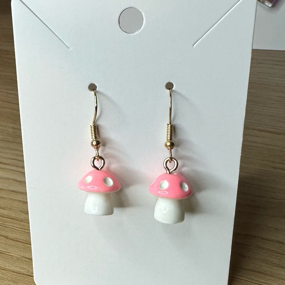 Pink and White Mushroom Earrings